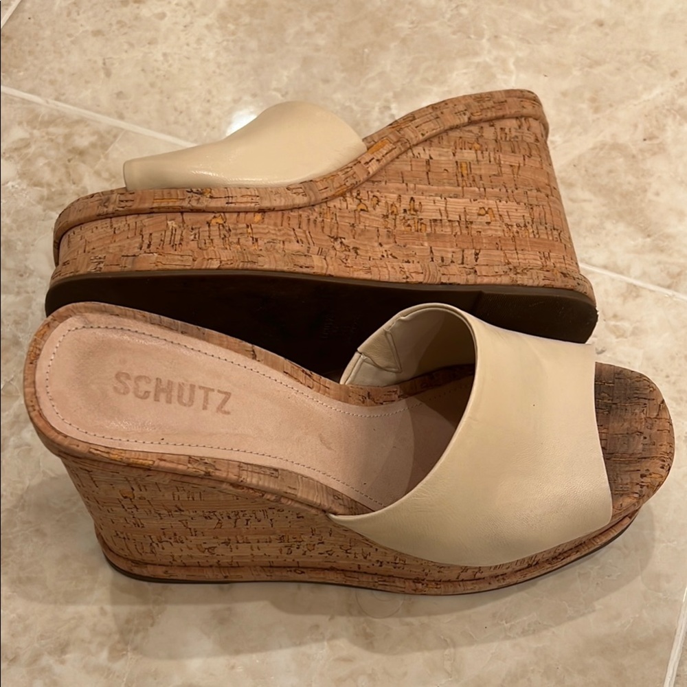 Schutz Cream Wedge Sandals